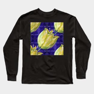 yellow tulip on purple with swirls and dots pattern Long Sleeve T-Shirt